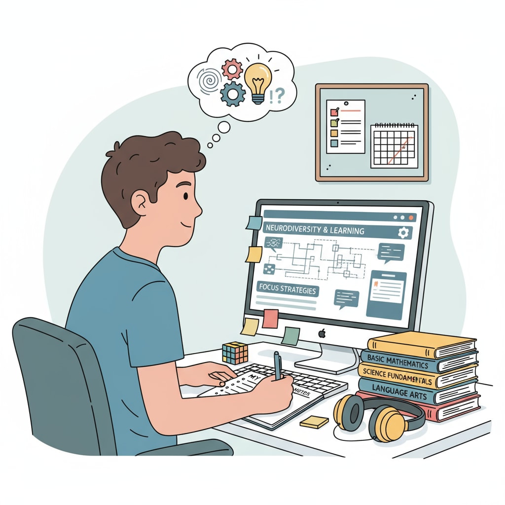 An adult with ADHD is sitting in front of a computer, looking at educational materials on the screen and taking notes. There are some books about basic education beside the computer. An adult with ADHD studying basic educational materials online