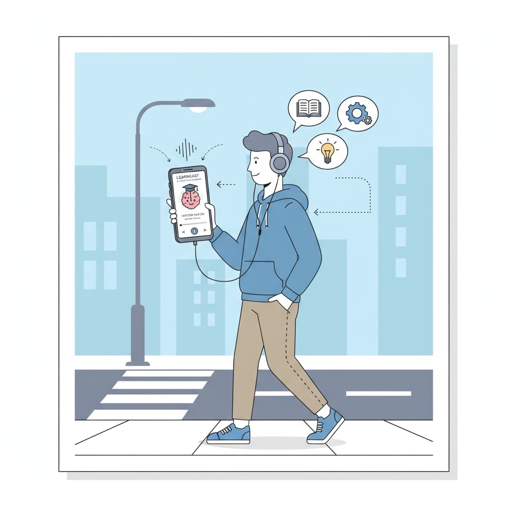 A person is walking on the street, wearing earphones and listening to a podcast. The phone in their hand shows an educational podcast app interface. A person listening to an educational podcast on their mobile device