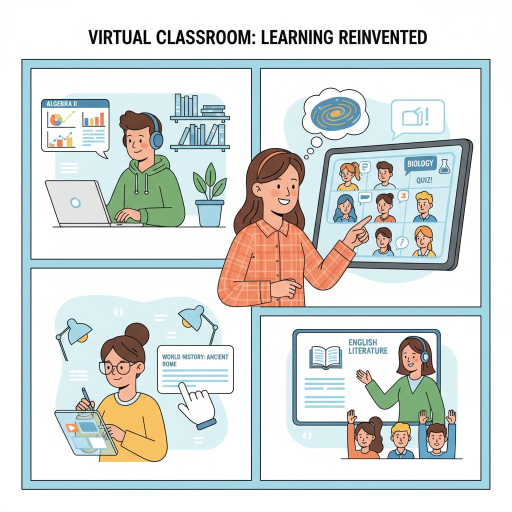 Students are shown participating in online high school classes, interacting with their digital study materials and teachers through a virtual platform. Students engaged in online high school learning related to credit requirements and high school diploma attainment