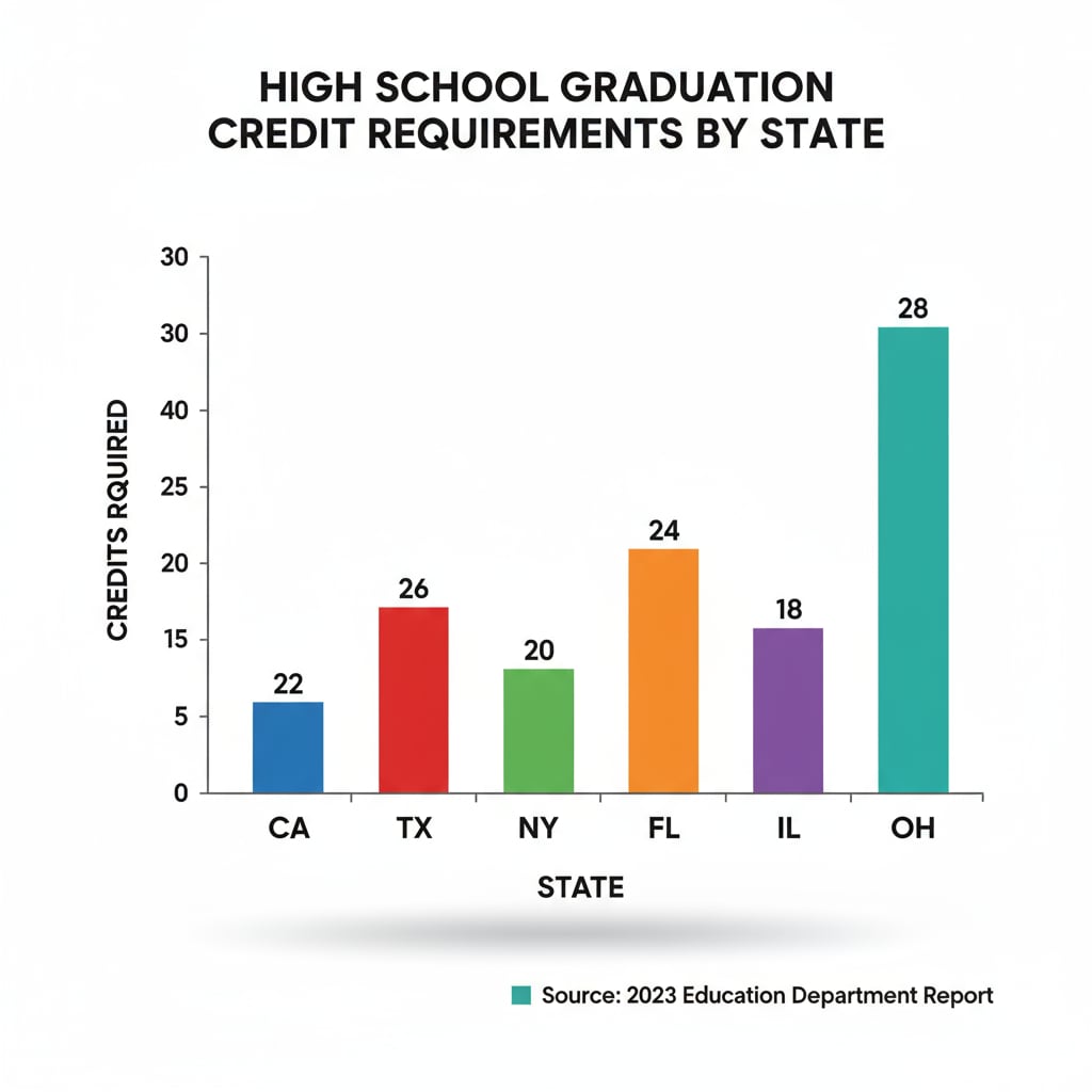A graph presenting the different credit requirements across various states for high school graduation. The states are listed on the x-axis, and the number of credits is on the y-axis. Graph depicting state-wise credit requirements for high school diploma in relation to online high school options