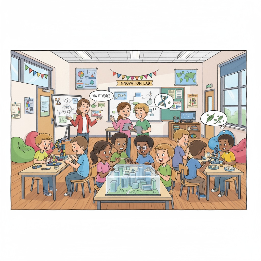 A group of K12 students are actively participating in an innovative class. They are engaged in discussions, hands-on activities, showing high levels of enthusiasm. K12 students actively participating in an innovative class related to teacher interviews, innovative courses, and student engagement