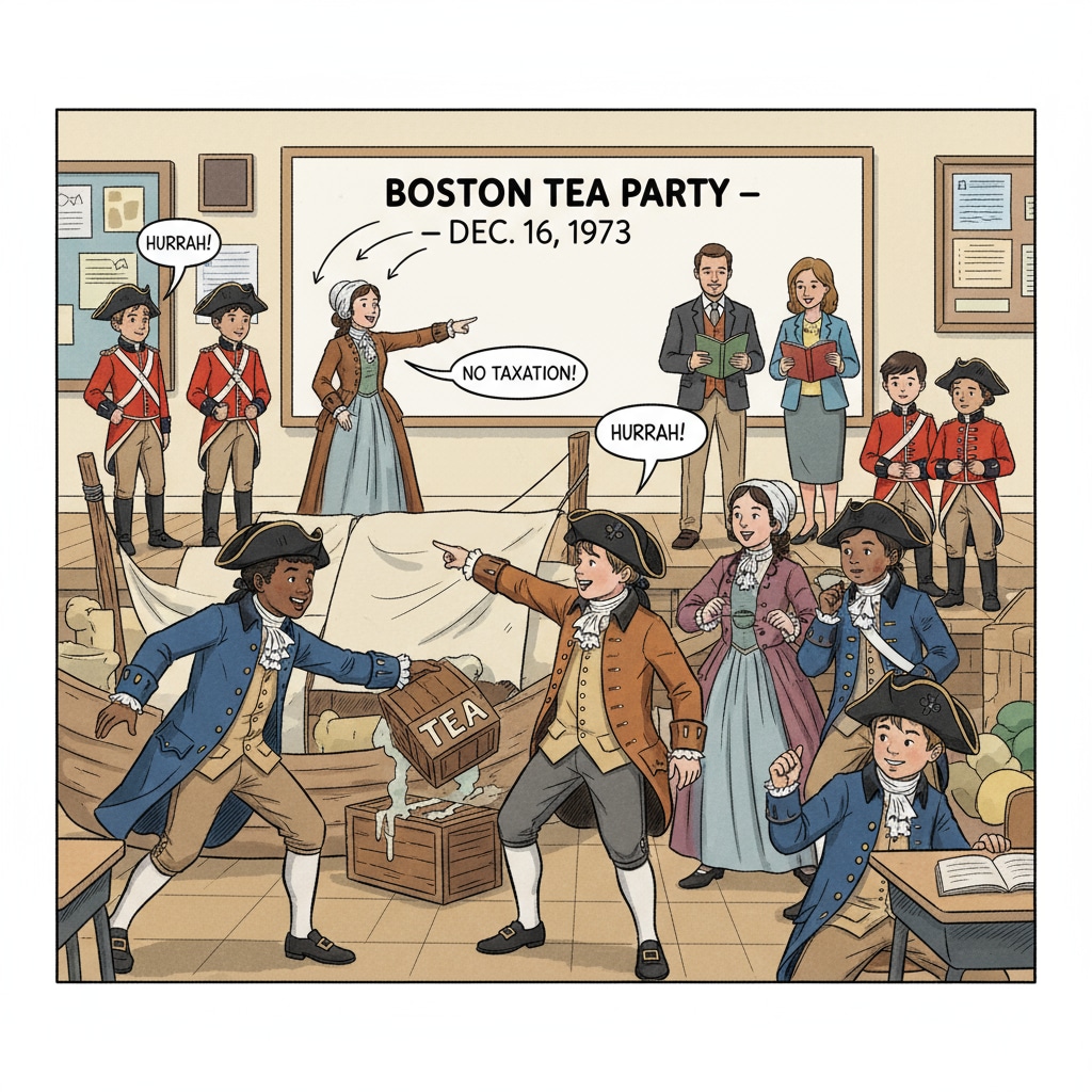 Students are reenacting a historical event in an innovative history class. They are dressed in period costumes and acting out scenes, demonstrating their active involvement. Students reenacting a historical event in an innovative history class for teacher interviews, innovative courses, and student engagement