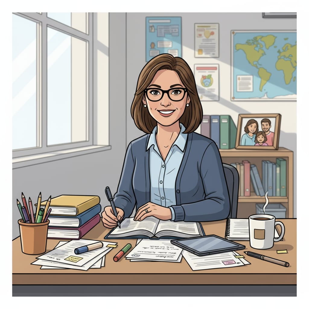 A busy K12 educator sitting at a desk, with books for study and work materials scattered around, while a photo of their family is visible in the background A K12 educator balancing work, study, and family