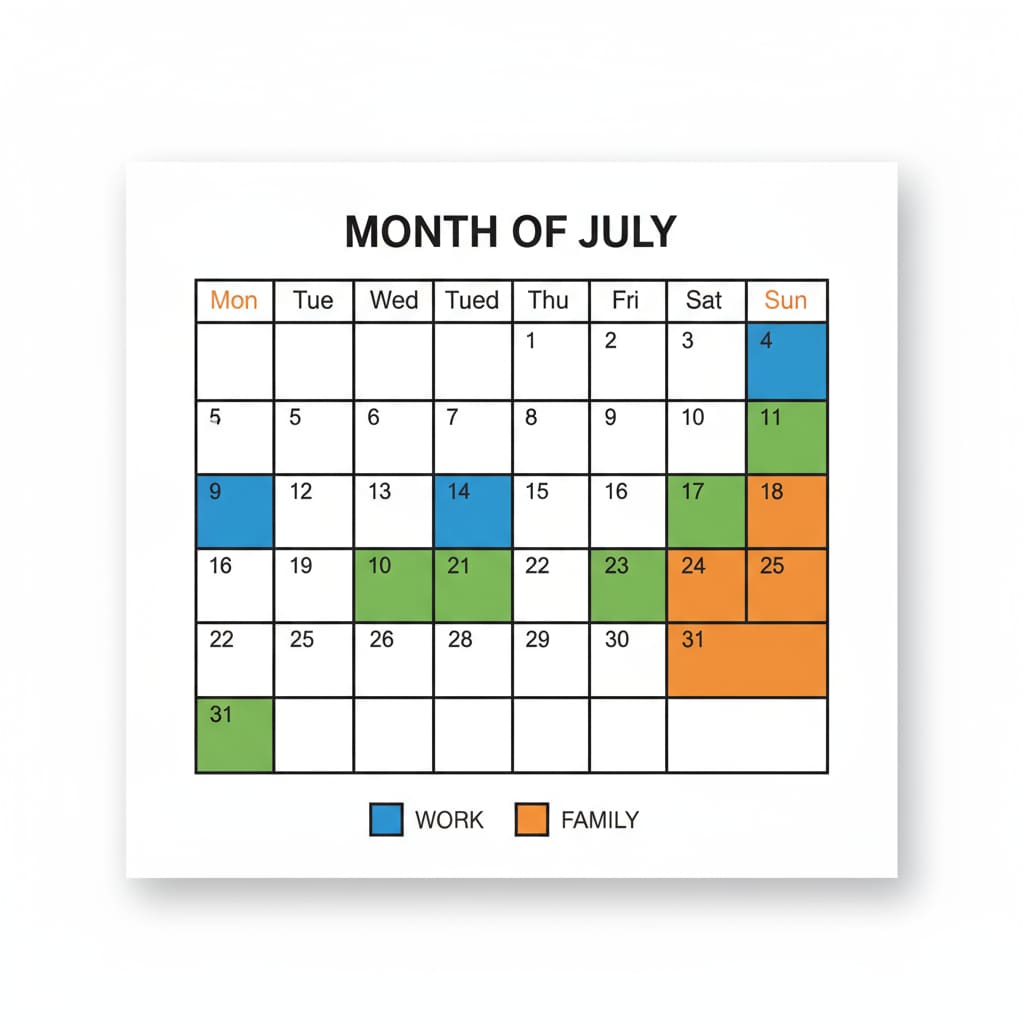 A calendar with different colored blocks representing work, study, and family time Calendar showing time allocation for work, study, and family