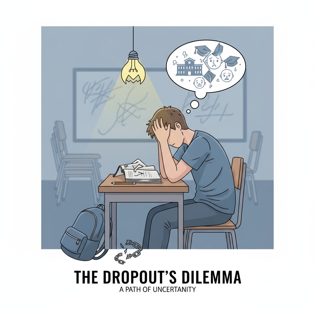 A solitary teenager is sitting at a desk, looking dejected, symbolizing the difficulties faced by those who have dropped out of school. Sad teenager representing the challenges of dropouts in the context of GED and educational choices