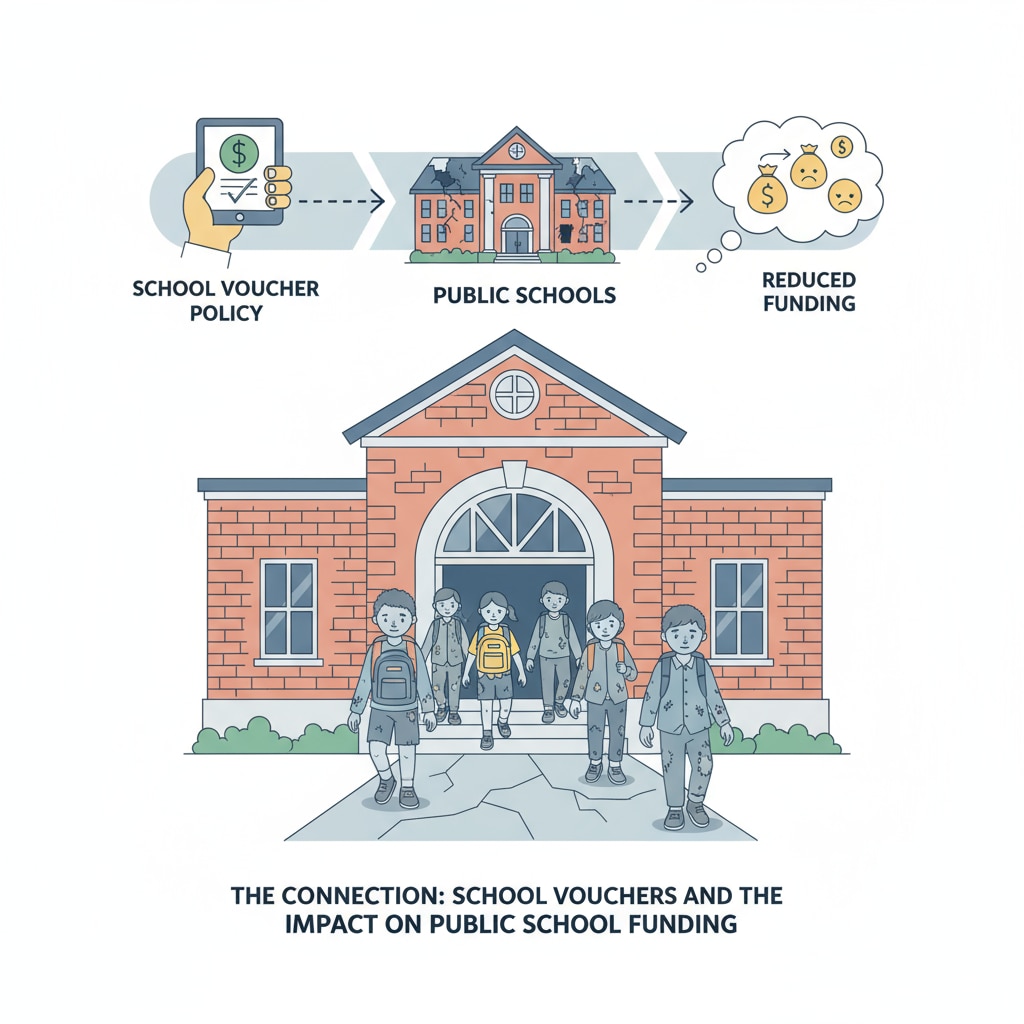 A group of students walking into a school building, which visually represents the connection between the school voucher policy, public schools, and the impacts on funding. School vouchers, public schools, and funding impacts - students entering school