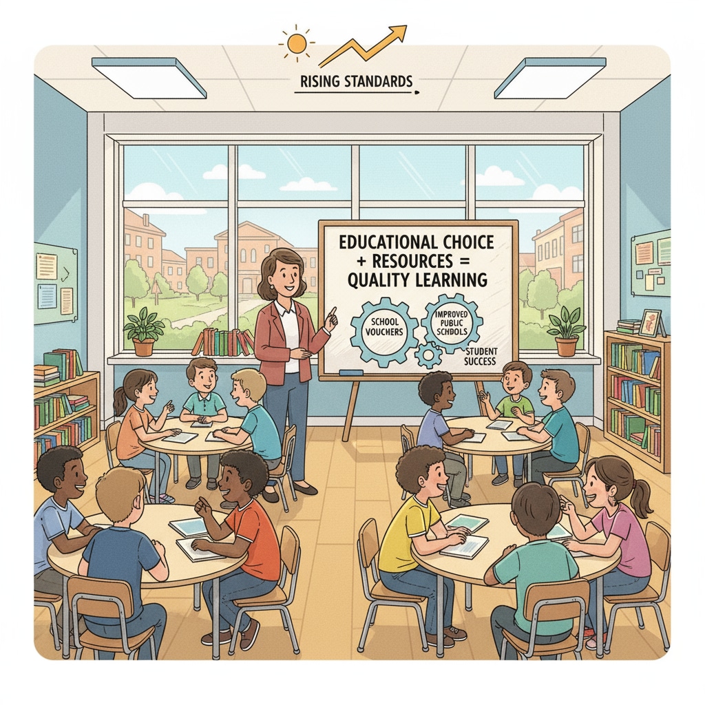 A classroom with students actively participating in a discussion, symbolizing the potential positive impact of school vouchers on educational quality, which is relevant to the impacts on public schools. School vouchers, public schools, and funding impacts - students in an engaged classroom