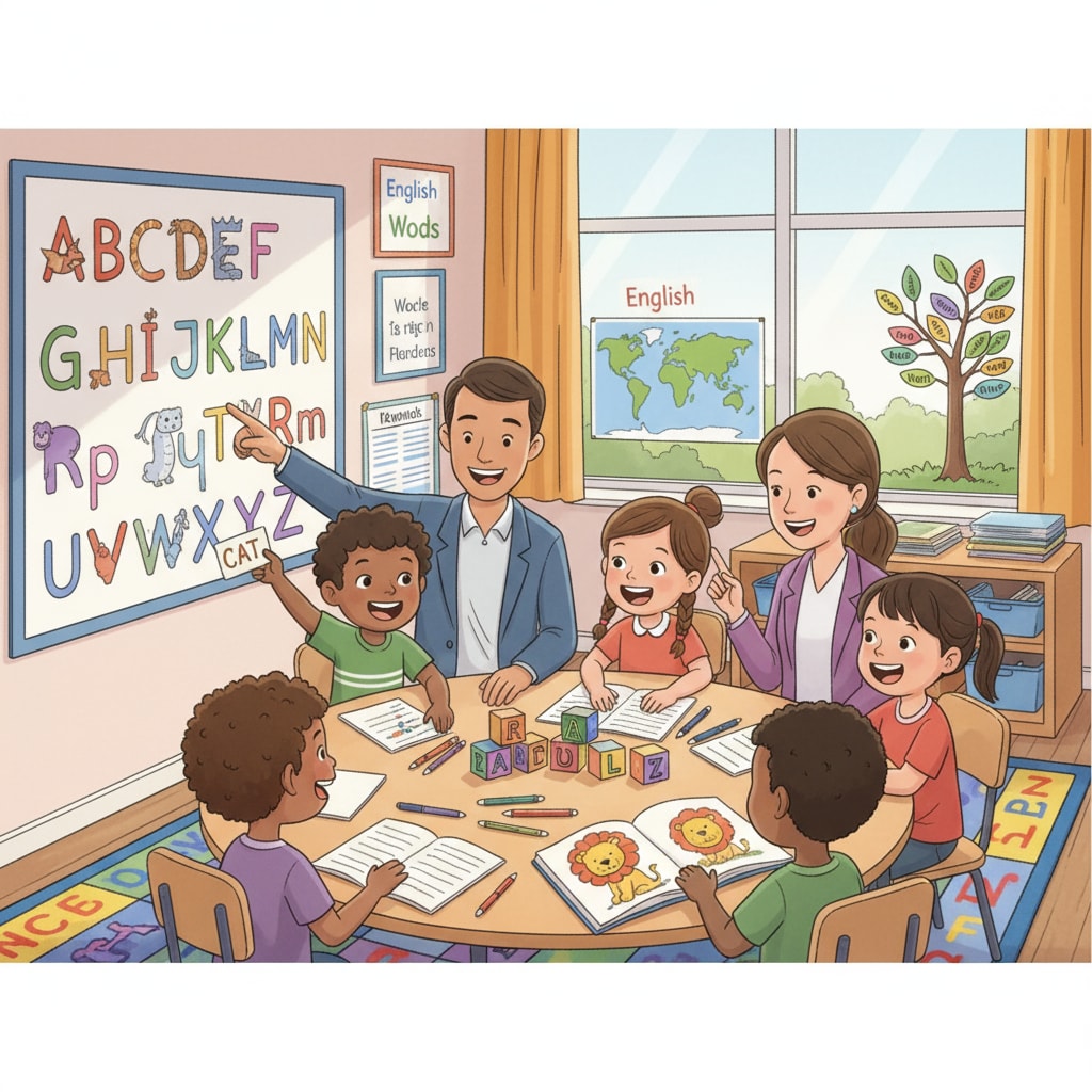 Students are actively participating in an English language activity in a lower primary classroom, showing high enthusiasm for learning. English language activity in lower primary classroom for second language teaching in early education