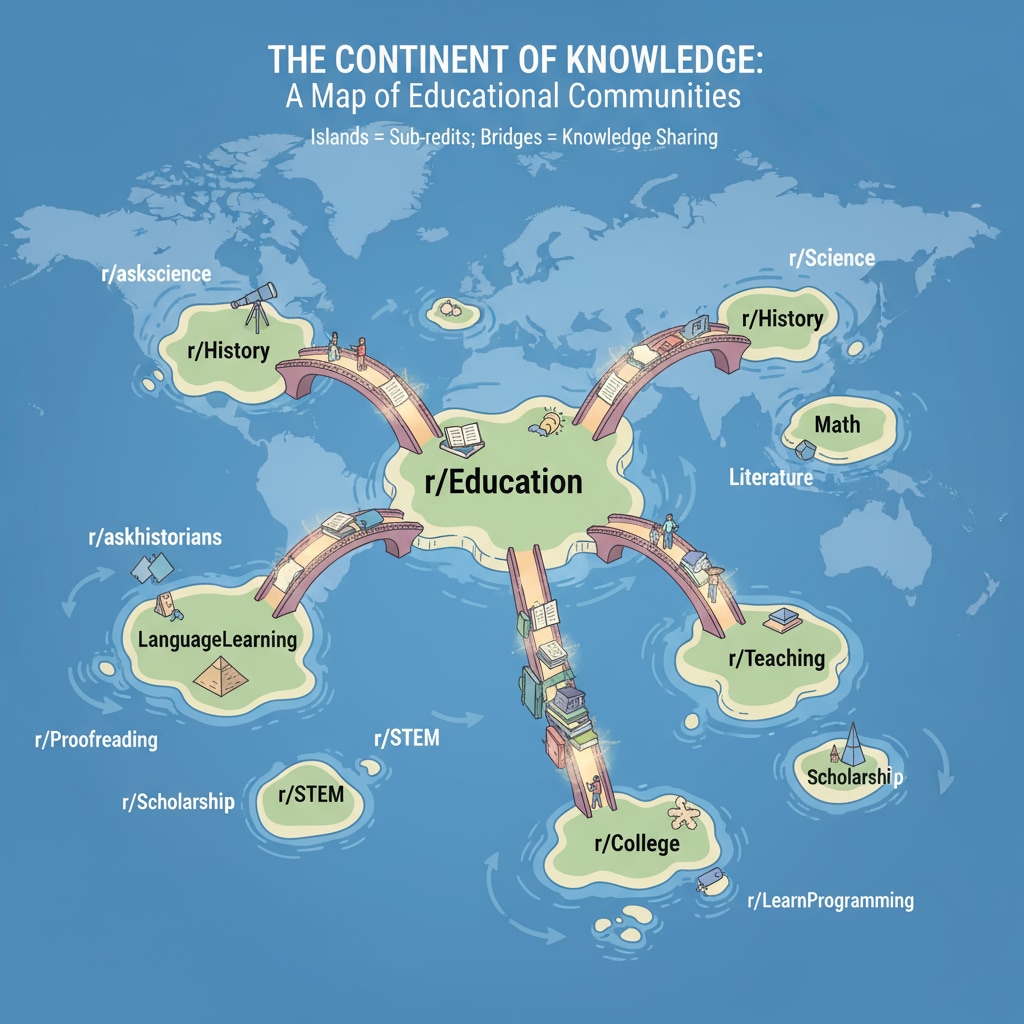 Map - like illustration showing different educational sub -reddits on Reddit