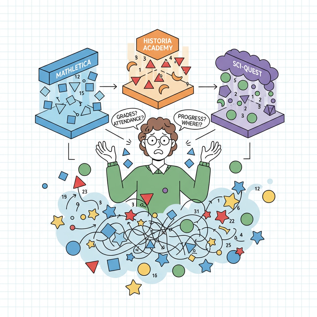 An illustration showing the problem of data silos in K12 education with an overwhelmed teacher