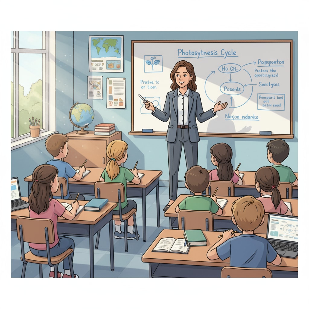 A teacher is standing in front of a whiteboard, presenting a lesson to a classroom full of students. The students are sitting at their desks, taking notes and listening attentively. A classroom lecture scene highlighting attention and learning
