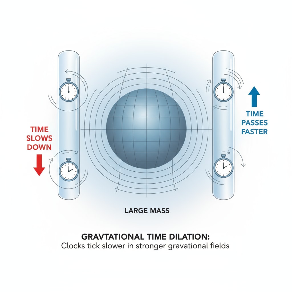 A basic illustration depicting how a strong gravitational field (represented by a large mass) causes time to slow down. Arrows show the difference in the rate of time passage. Illustration of gravitational time dilation effect
