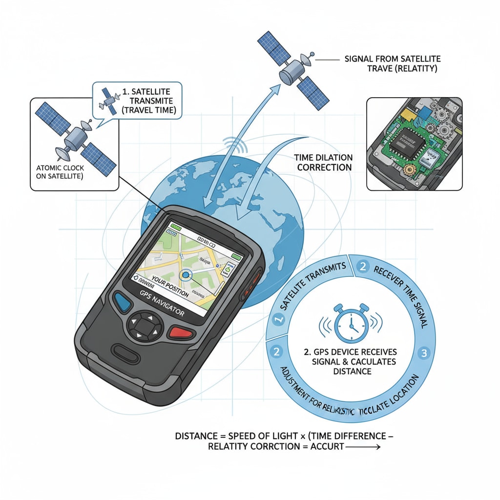 A photograph of a common GPS device used for navigation, highlighting its role in applying the concept of time dilation for accurate location determination. GPS device highlighting time dilation connection