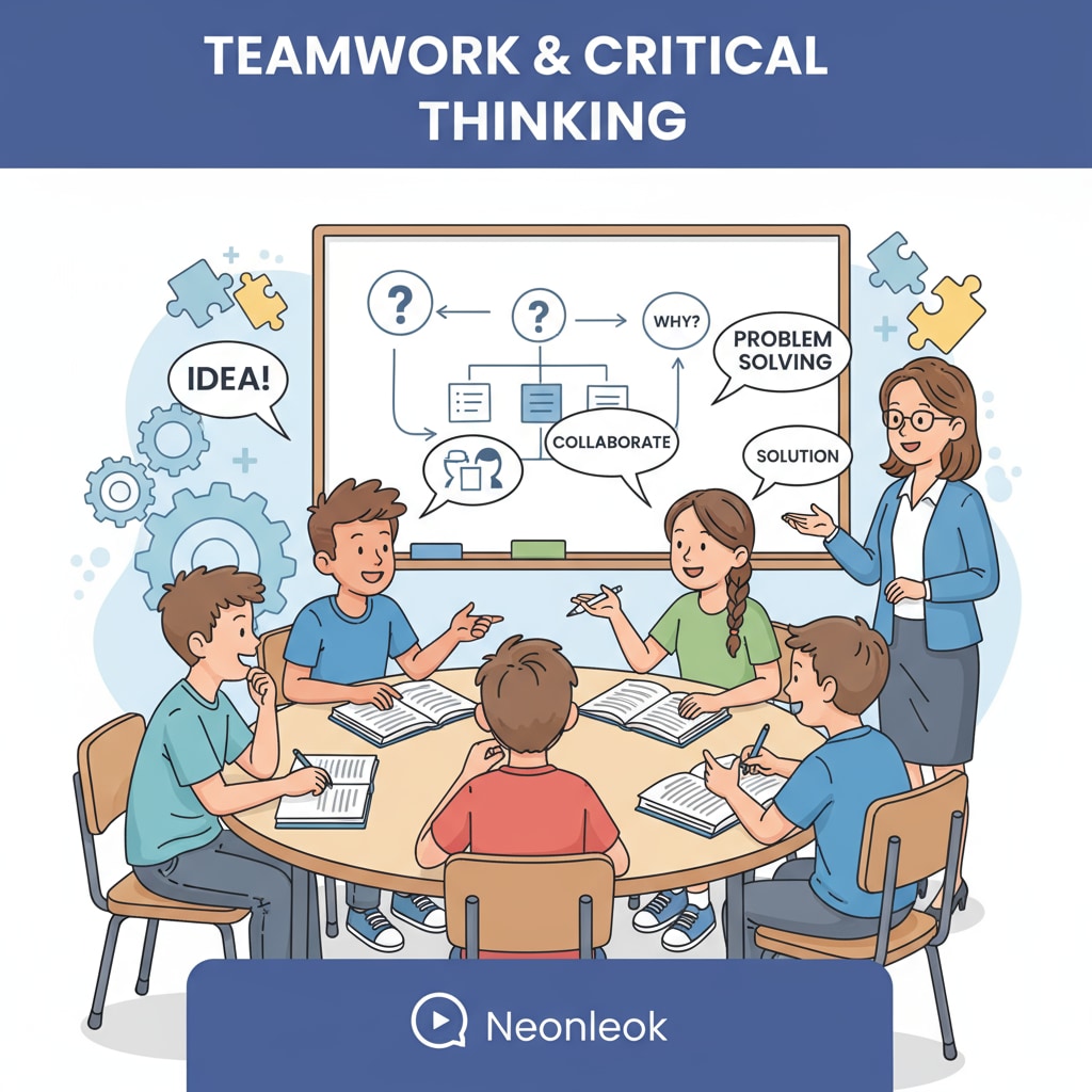 A group of middle school students are actively discussing ideas in a classroom setting, which reflects the importance of teamwork and critical thinking in secondary education. Middle school students discussing ideas, highlighting soft skills like teamwork and critical thinking in secondary education