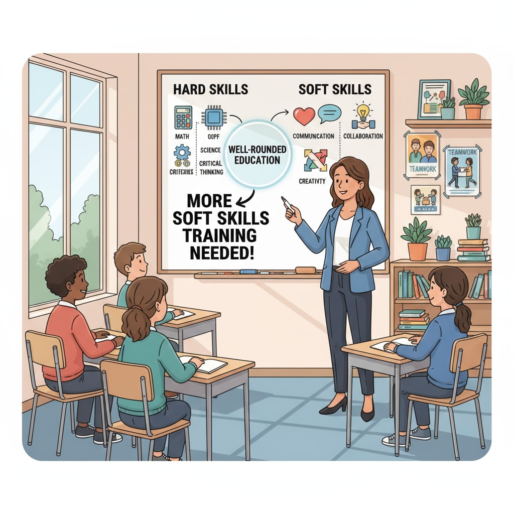 A teacher is explaining a concept to students, emphasizing the need for more soft skills training in the educational process. Teacher explaining a concept, indicating the requirement for soft skills training in secondary education