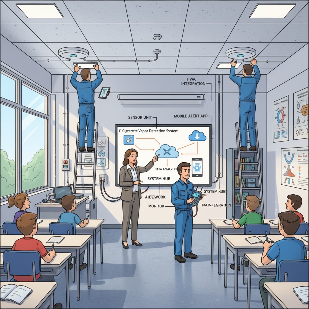 A classroom showing the installation of sensor technology for e-cigarette detection. Sensor technology for e-cigarette detection in a classroom