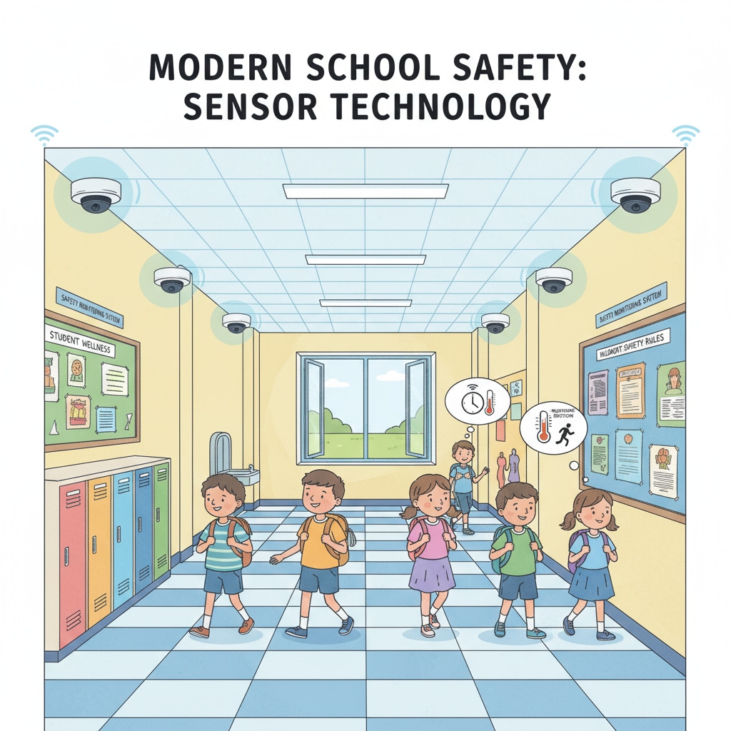 A school hallway with sensors installed on the walls for safety monitoring. Sensors installed in a school hallway for safety monitoring