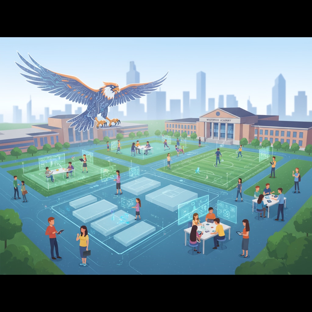 An example of an AI-generated image that could be used on a high school website, showing a virtual view of a campus with students in various activities AI-generated image for high school website showing campus life