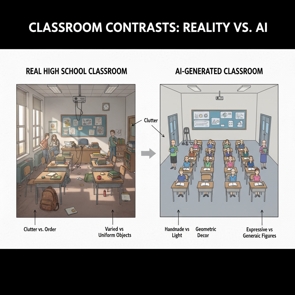 A comparison between a real high school classroom and an AI-generated image of a classroom, highlighting the differences Comparison of real and AI-generated high school classroom images