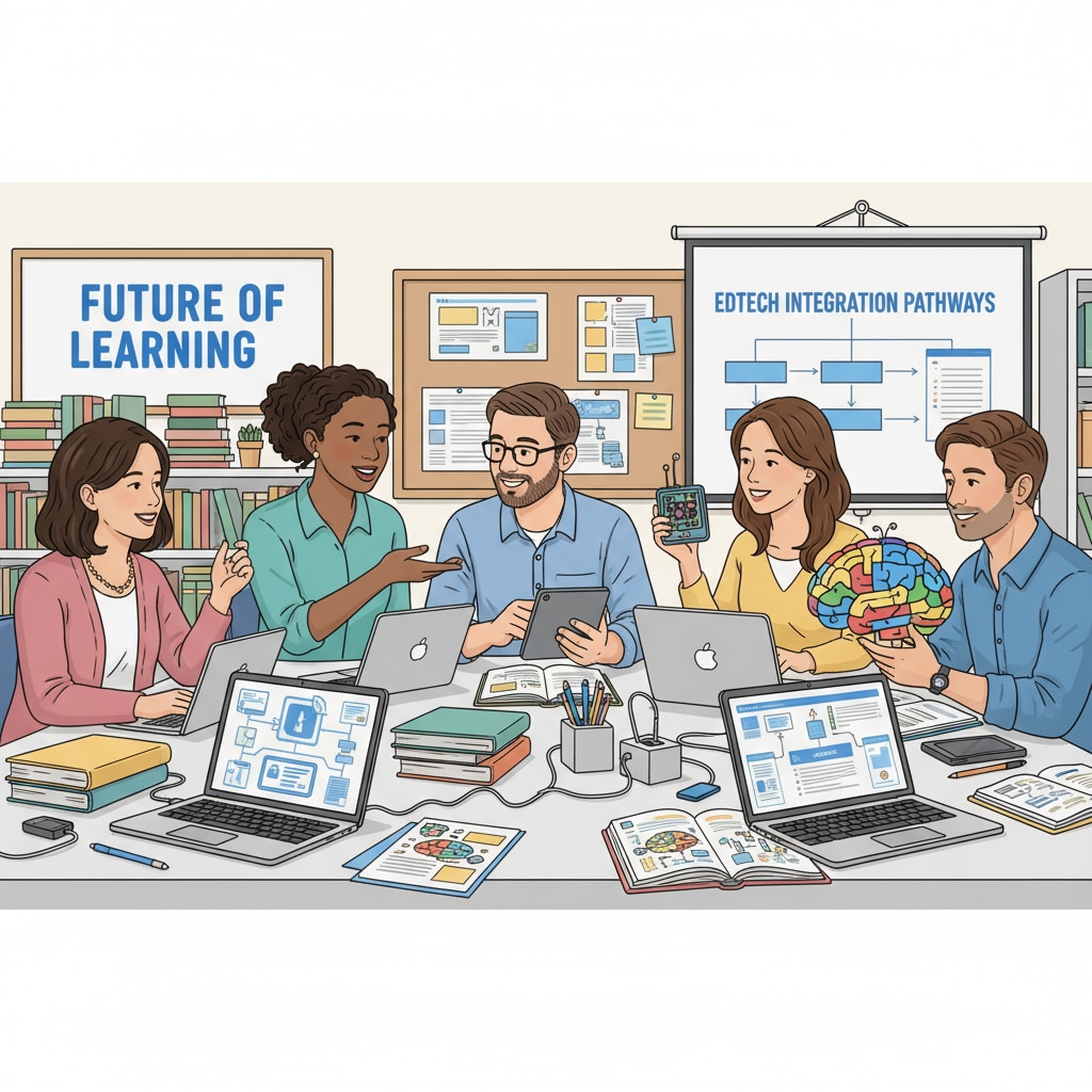 Teachers are engaged in a workshop, exploring and discussing different educational technology tools, with laptops and materials on the table. K12 teachers exploring educational technology tools for professional development and resource acquisition