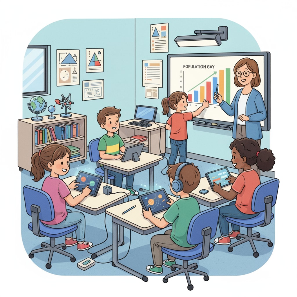 Students are actively participating in a classroom setting, using various educational technology tools such as tablets and interactive whiteboards. Students using educational technology tools to enhance learning, related to teacher resource acquisition and professional development