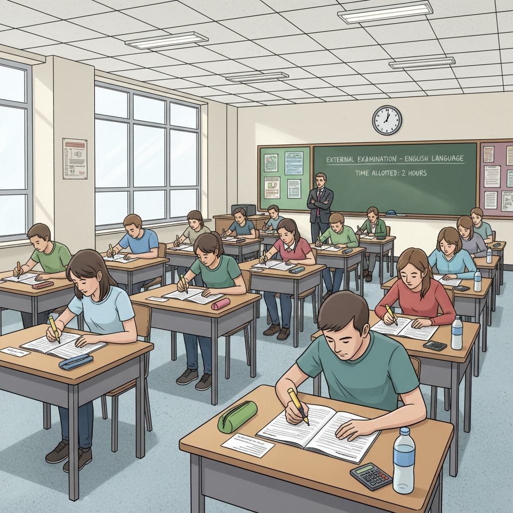 A group of students are taking an external exam in a classroom. They are concentrating on their papers, showing the seriousness of the exam. Students demonstrating academic ability through external exams for college applications