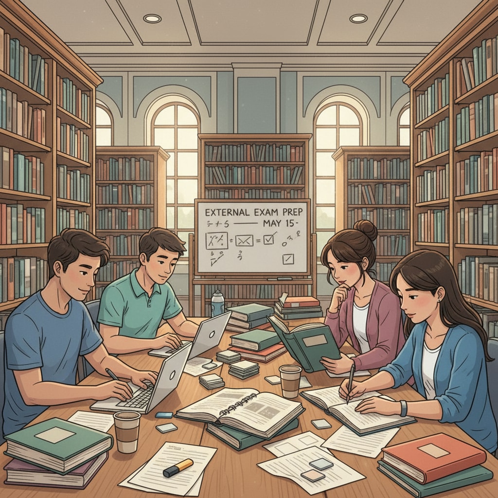 Students are studying for an external exam at a library. They are surrounded by books and notes, indicating their dedication to preparing for the exam. Students enhancing academic rigor by preparing for external exams related to college applications