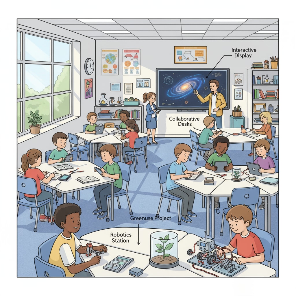 A modern classroom with students actively participating in learning activities, representing the dynamic environment of education. Students in a classroom, showing educational choice in action