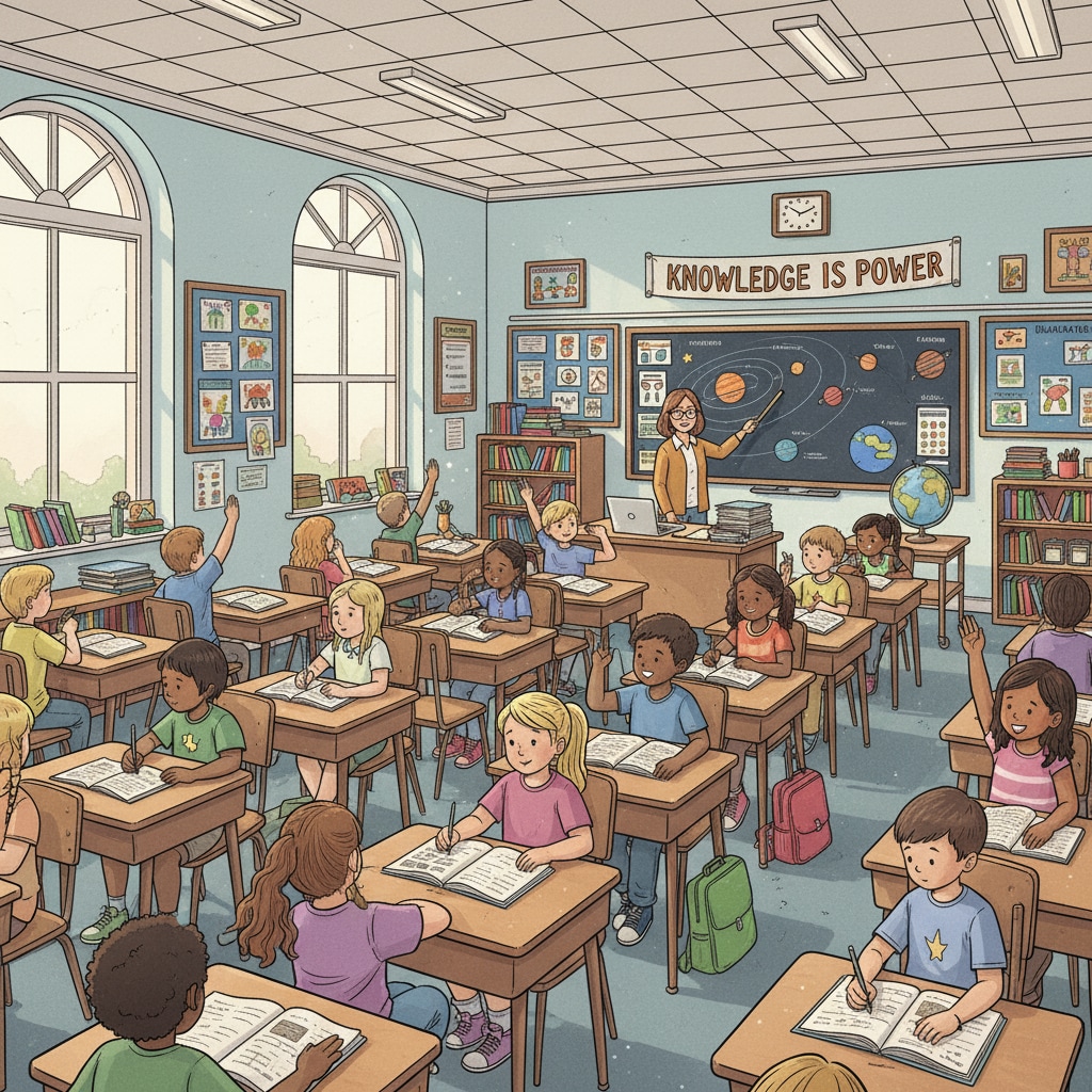 A large public school classroom with students sitting at desks, highlighting the setting of public education. Public school classroom scene related to education choices