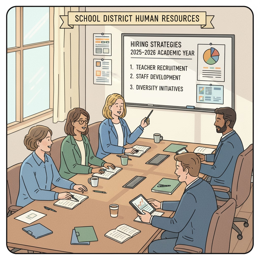 School district HR professionals discussing hiring strategies as part of their job responsibilities assessment