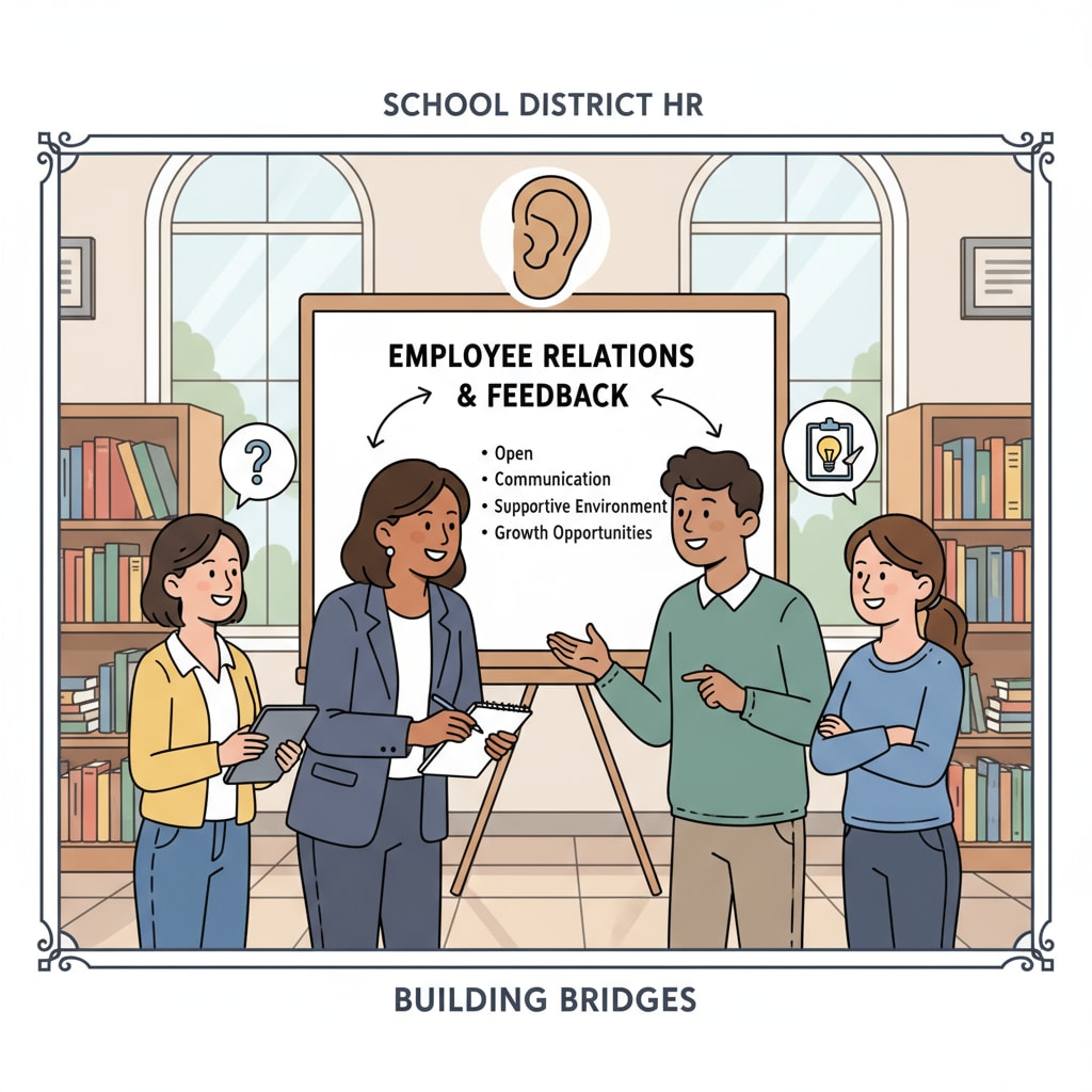 School district HR director interacting with teachers to assess and manage employee relations