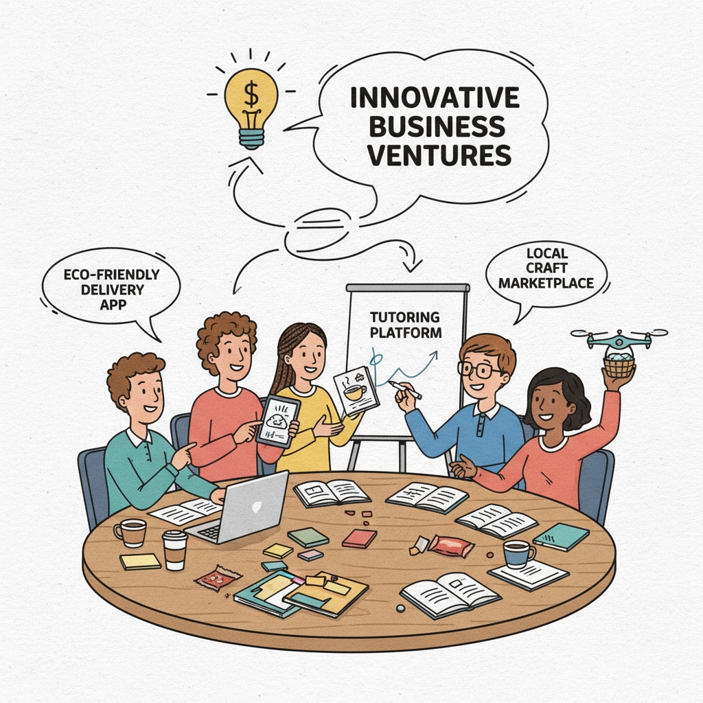 A group of high school students are sitting around a table, discussing various business ideas with enthusiasm. High school students discussing business ideas as part of their business courses and career planning