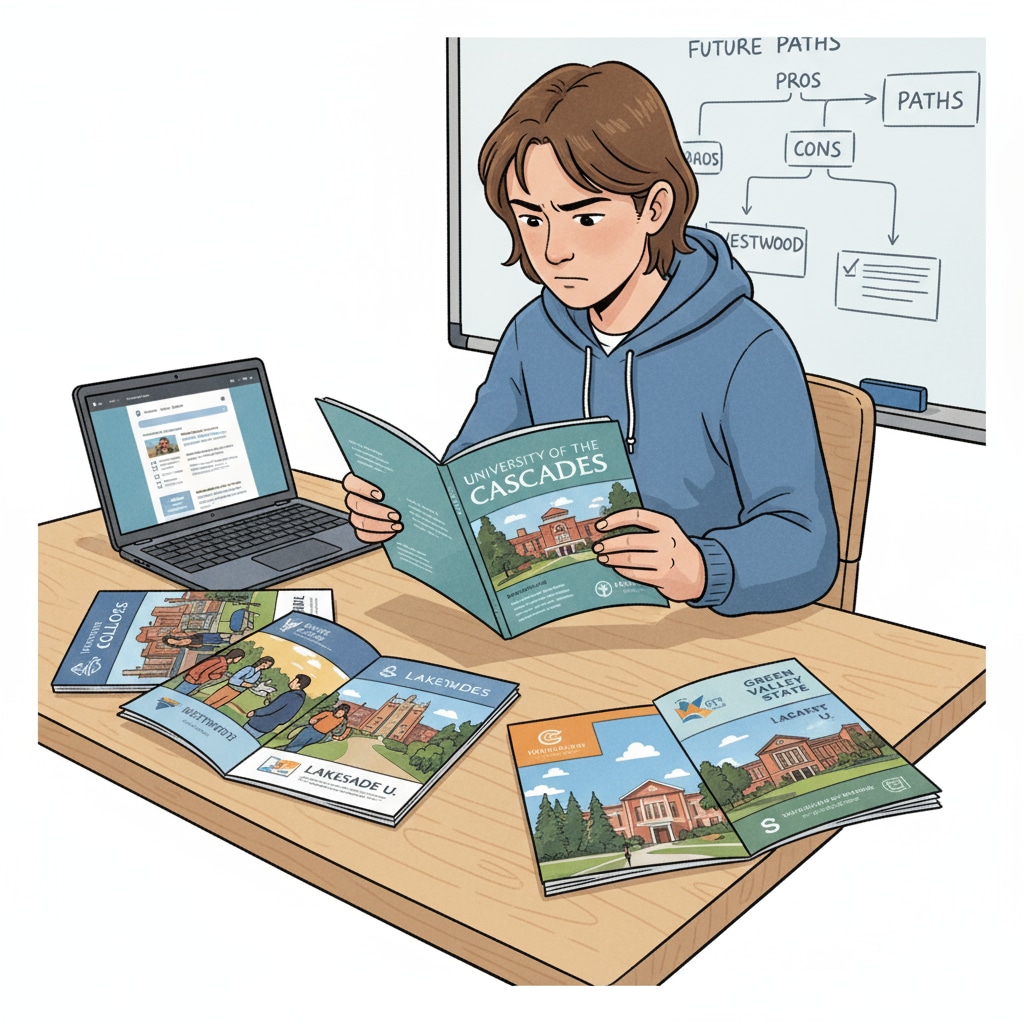 A student is sitting at a desk, looking at different college brochures, trying to make a decision about higher education. Student exploring higher education options for business courses and career planning