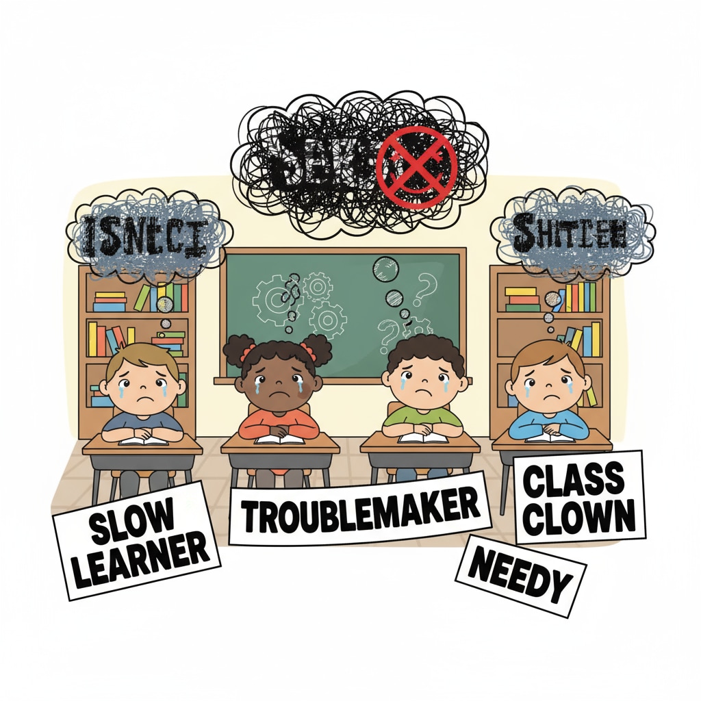 A group of students looking sad in a classroom, representing the impact of unfair labeling Students affected by school injustice, teacher-student relationship issues, and labeling