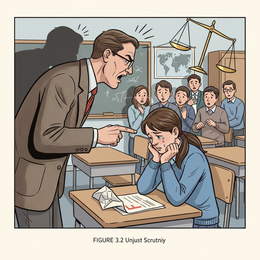 A teacher scolding a student, symbolizing unfair treatment Unfair treatment in teacher-student relationship leading to labeling