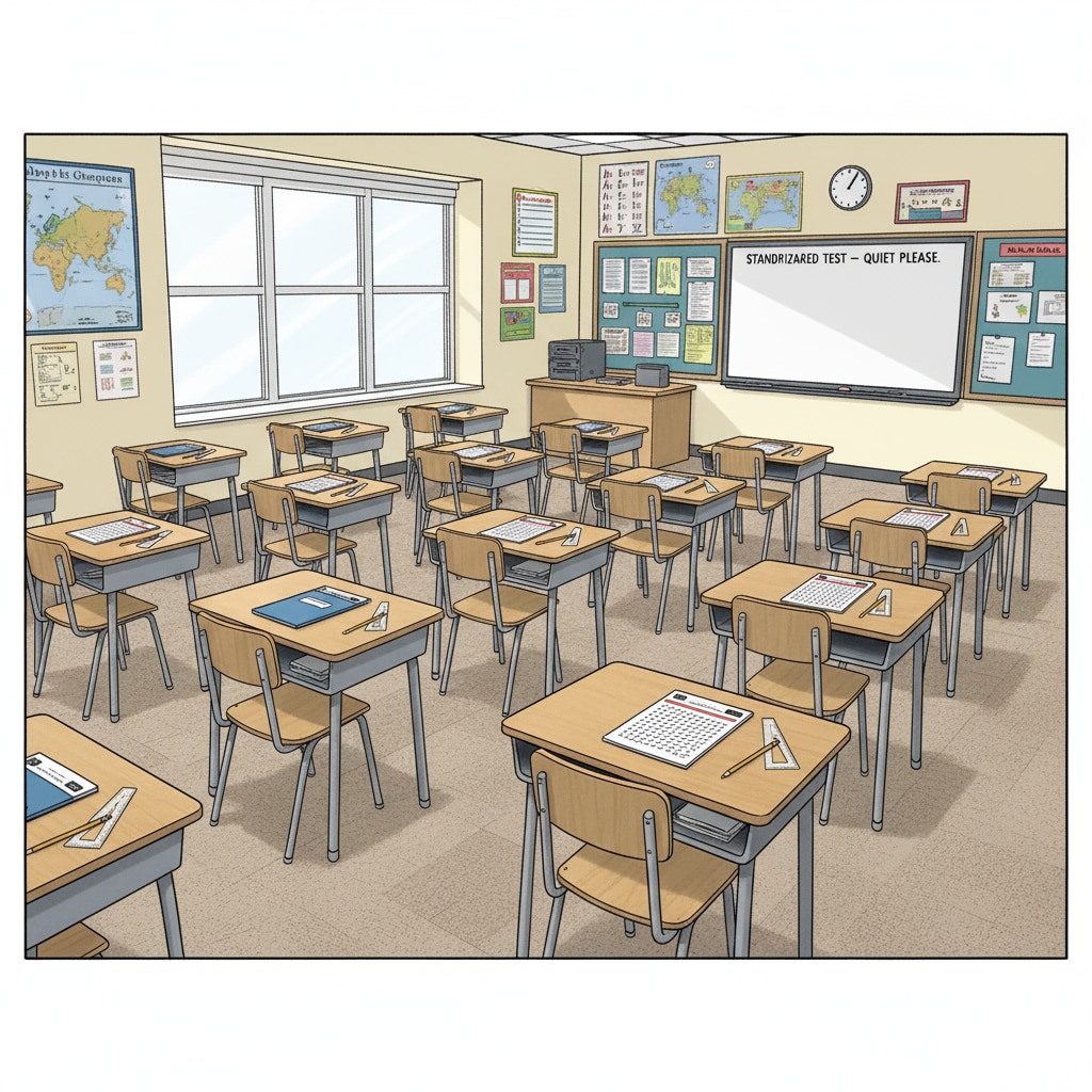 A classroom setup for K12 standardized test proctoring, showing work experience in test preparation