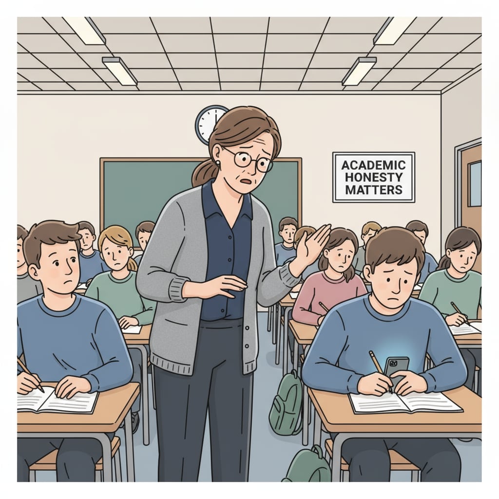 A test proctor observing students during K12 standardized test, highlighting work experience in monitoring