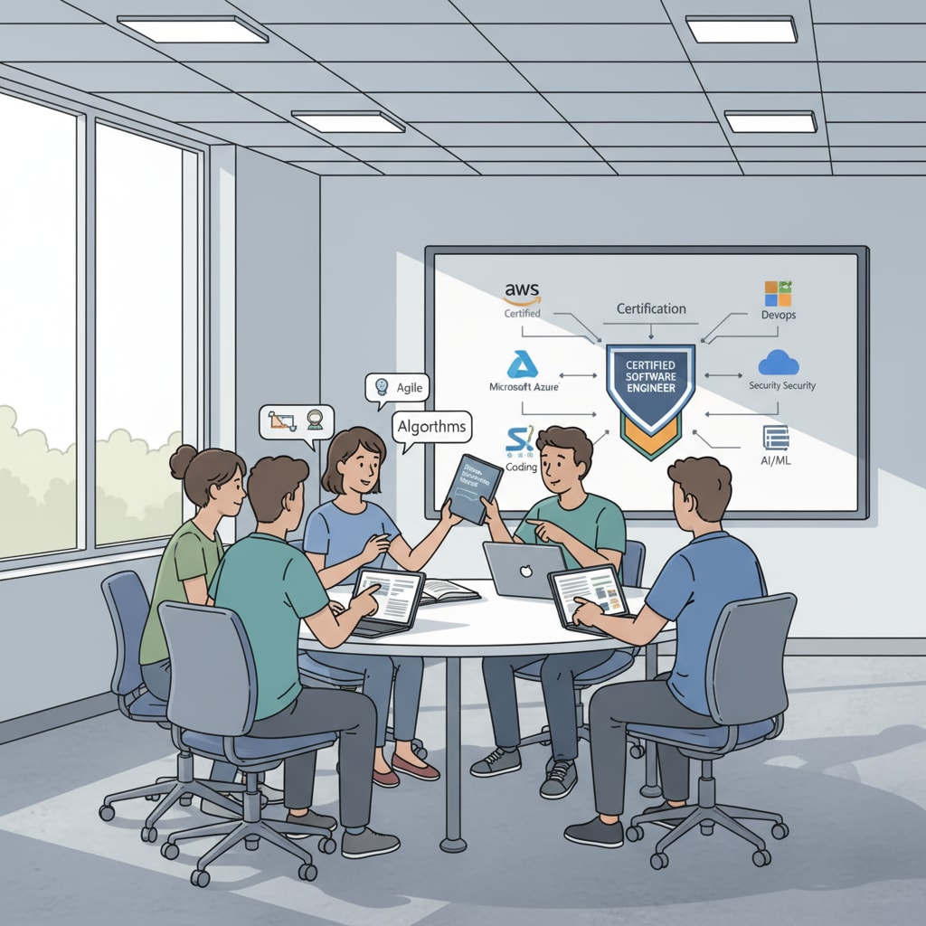 A group of students are engaged in a discussion about software engineering certifications in a modern and well-equipped classroom. Students discussing software engineering certifications, resume enhancement, and IBM AI certification