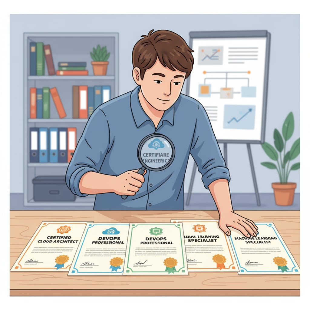 A person is attentively looking at a collection of software engineering certification certificates neatly displayed on a table. Person examining software engineering certifications relevant to resume enhancement and IBM AI certification