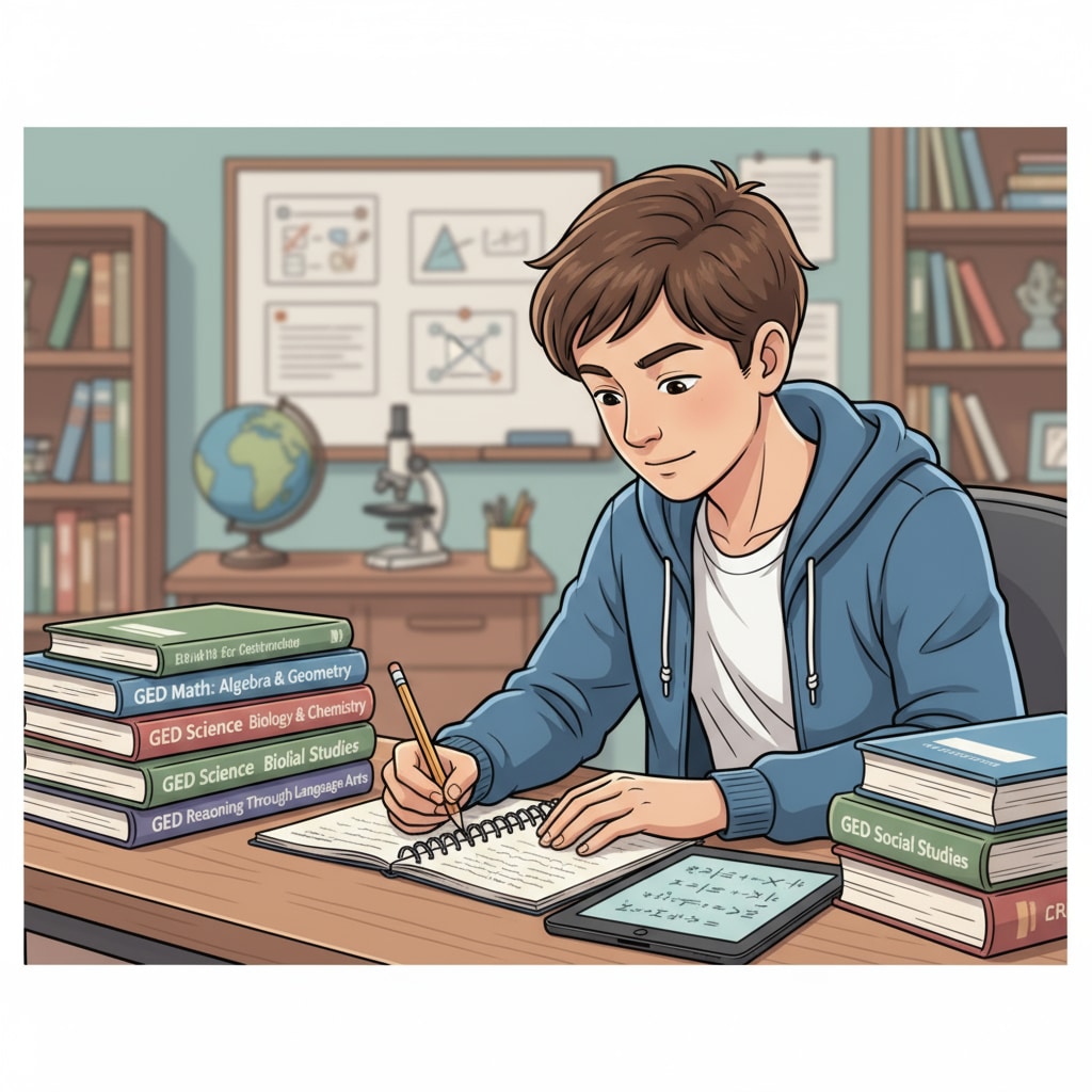 An illustration showing a student sitting at a desk, surrounded by GED math and science books, focused on studying. A student studying GED math and science books
