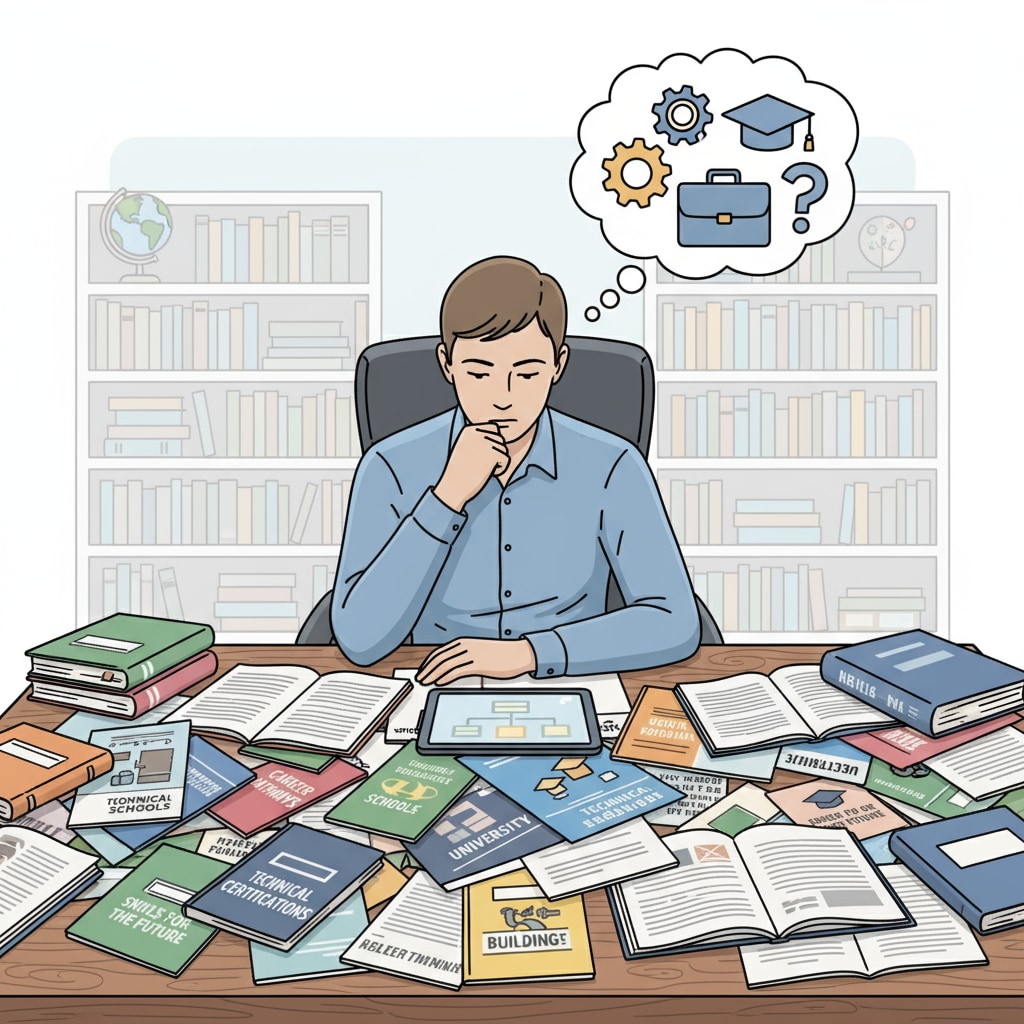 A person is sitting at a desk, surrounded by educational brochures and career development materials, deep in thought. A person considering further education for career development