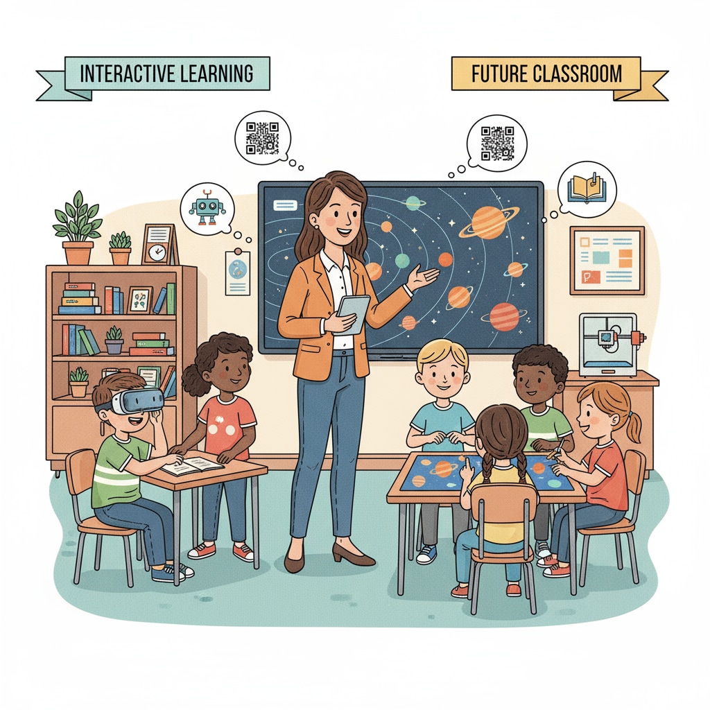 A classroom scene where an educator is using modern teaching methods, engaging students actively. An educator using modern teaching methods after further education