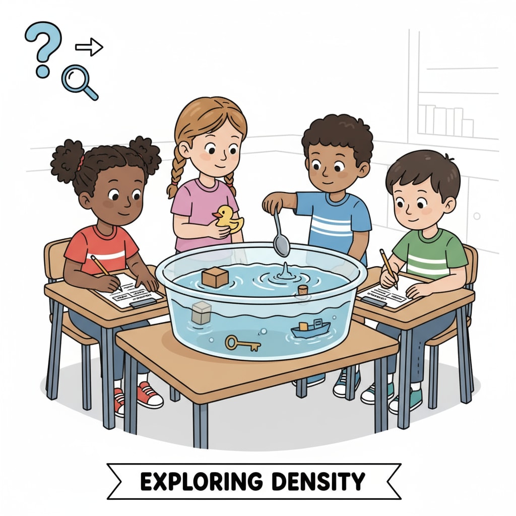 Children are gathered around a tub of water, dropping various objects to see if they float or sink. Some are writing down their predictions and observations. Children conducting a float or sink experiment as part of a science exhibition project, demonstrating scientific methods in a fun children's experiment.