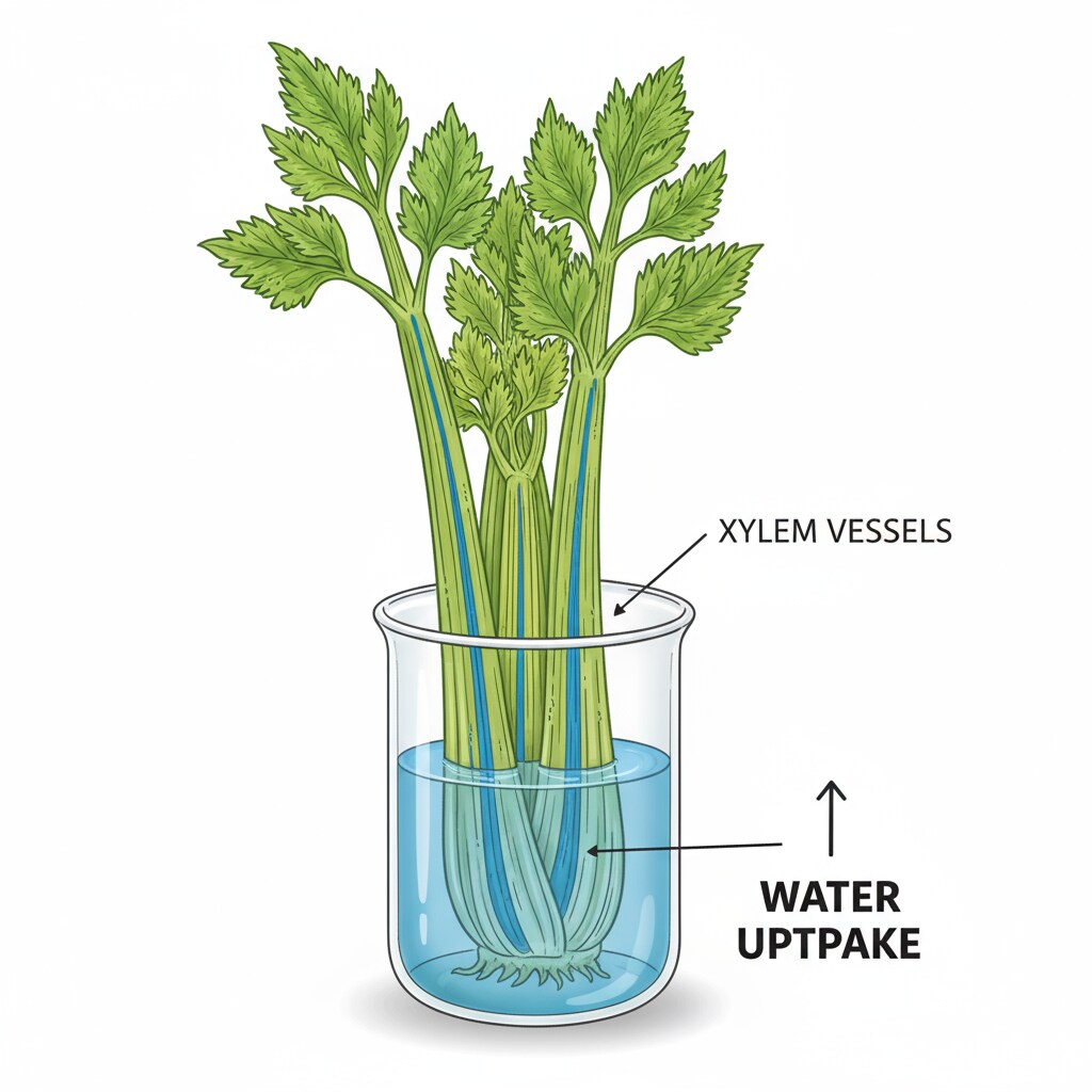 A close-up view of a stalk of celery in a glass of colored water, with the colored water clearly visible rising up the celery stalk. A color-changing celery experiment showcasing capillary action, an important concept in a children's science experiment related to scientific methods.