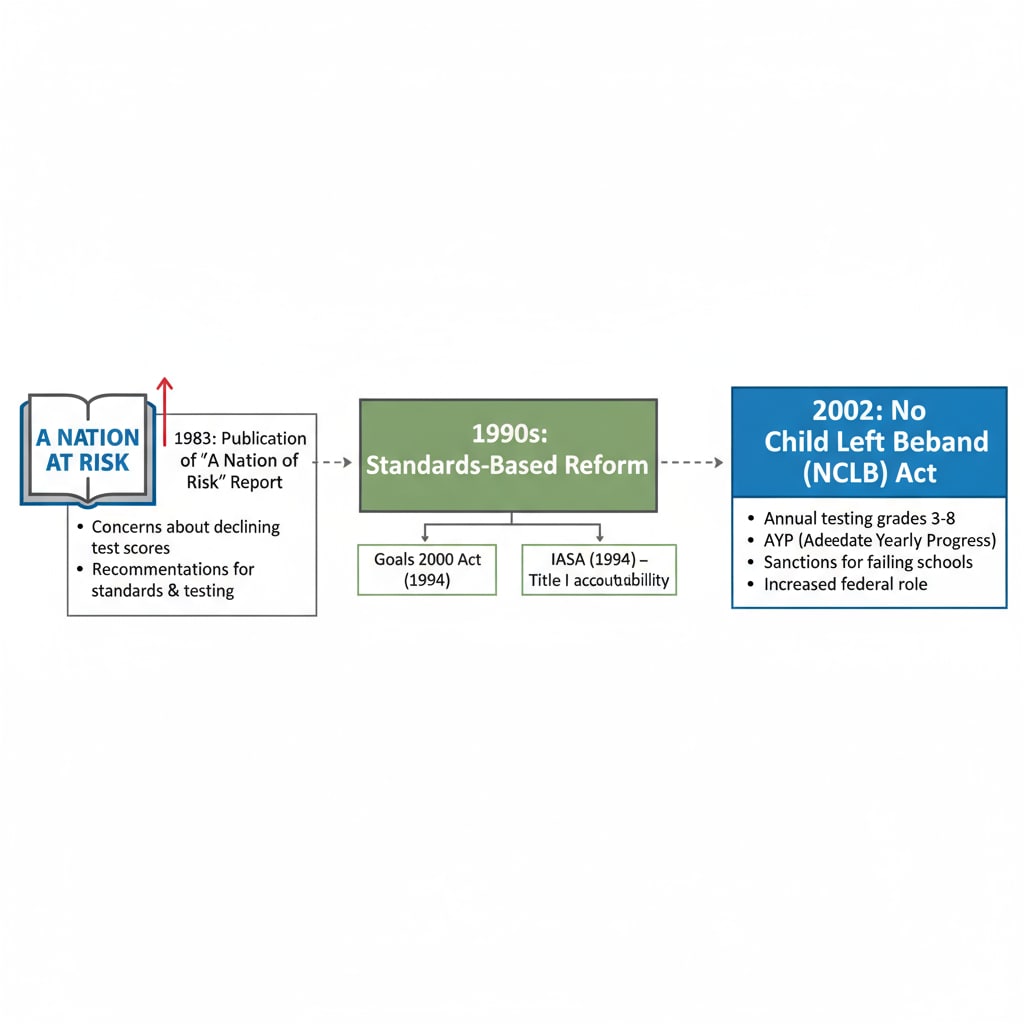 A visual timeline depicting the development of the educational accountability system in the US, starting from the Visual representation of the development of educational accountability system in the US related to educational accountability system, school leadership, NCLB Act