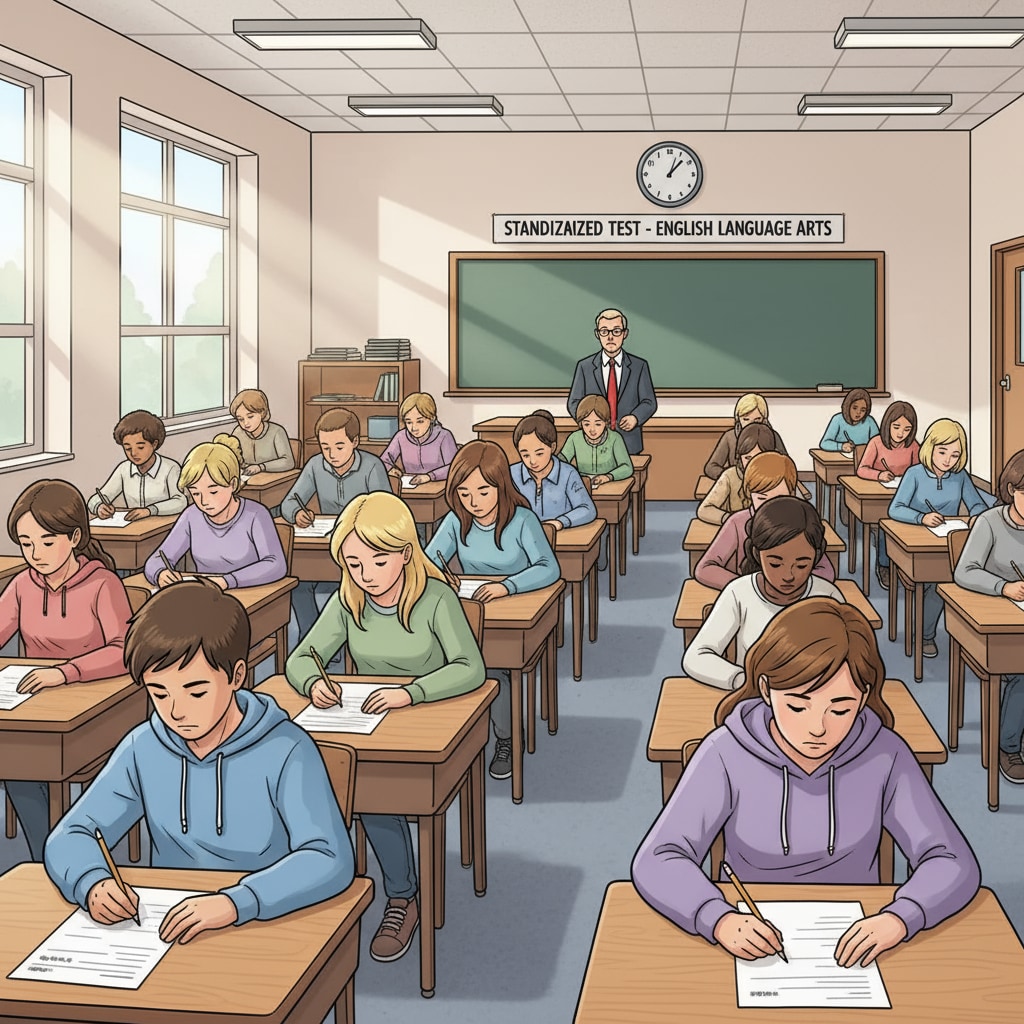A classroom scene where students are taking a standardized test, with desks neatly arranged and students concentrating on their papers. Students taking a standardized test in relation to educational accountability system, school leadership, NCLB Act