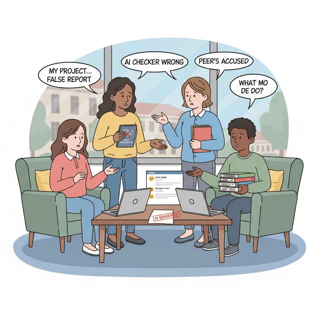 A group of students are gathered in a campus lounge, looking concerned as they talk about the false AI accusations they or their peers have faced. Students discussing false AI accusations in a campus setting