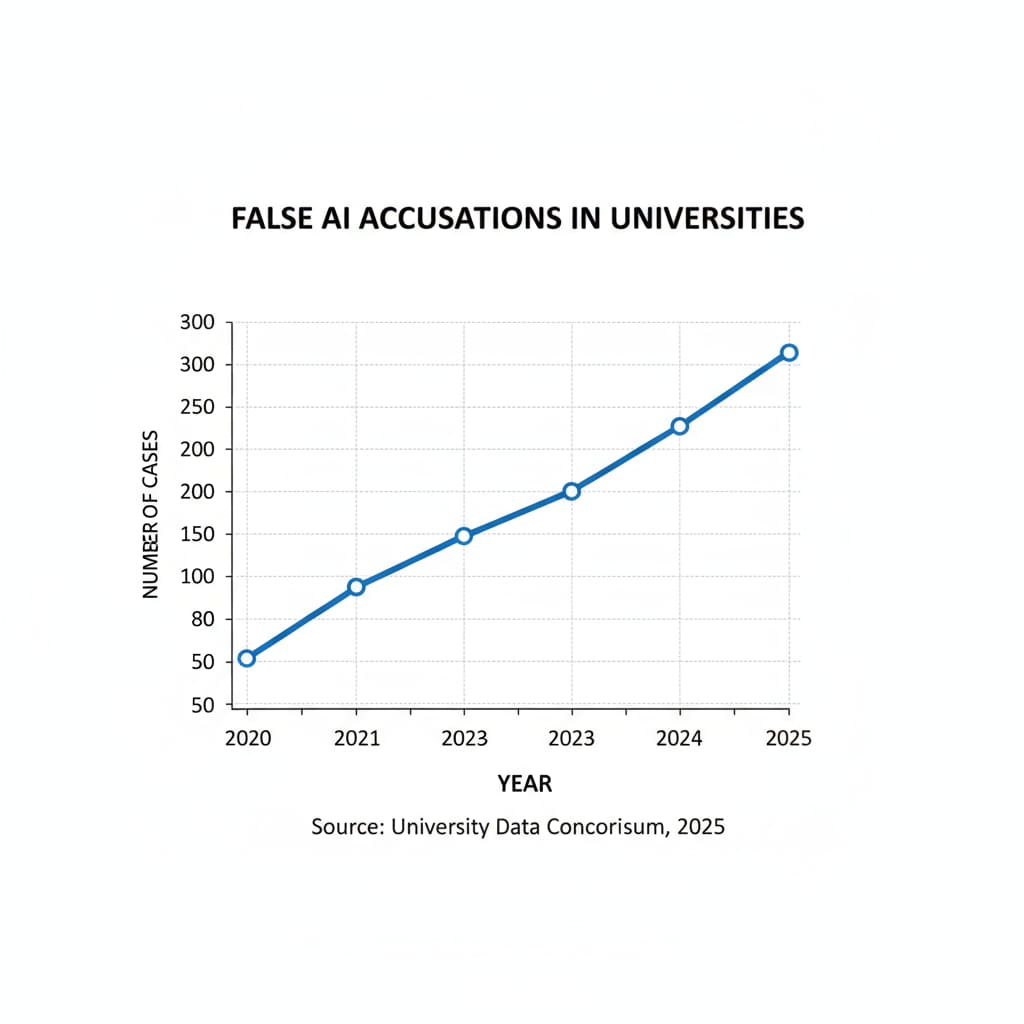 A line graph shows the upward trend in the number of false AI accusations in universities from 2020 to 2025. Graph depicting the increase in false AI accusations in universities over the years
