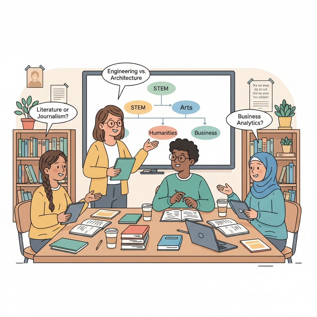 High school students are engaged in a discussion about college major choices within a classroom setting. High school students exploring college major options during a classroom discussion