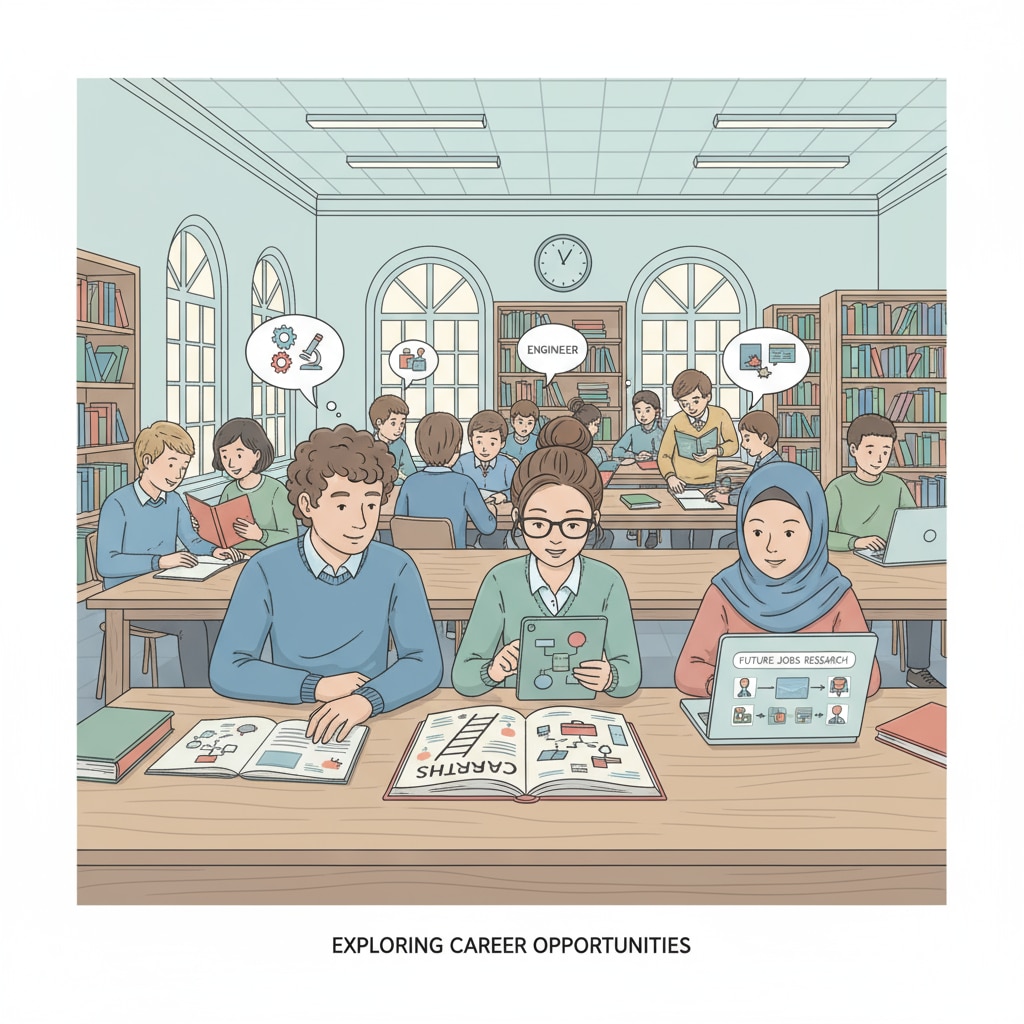 Students are sitting at library desks, looking through books and using laptops to research various career options. Students researching different career paths in the library